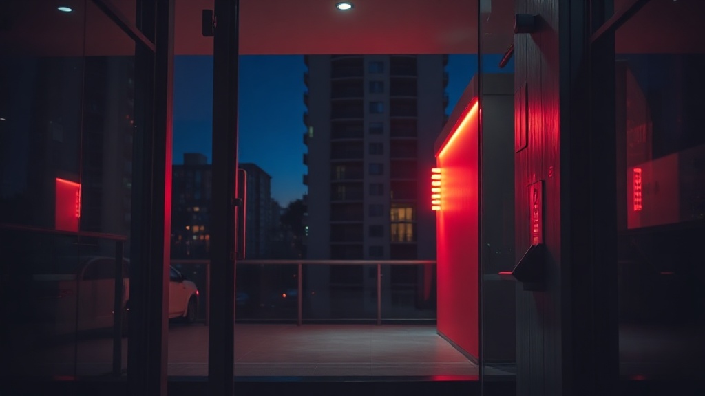Apartment lobby at night with warm intercom glow
